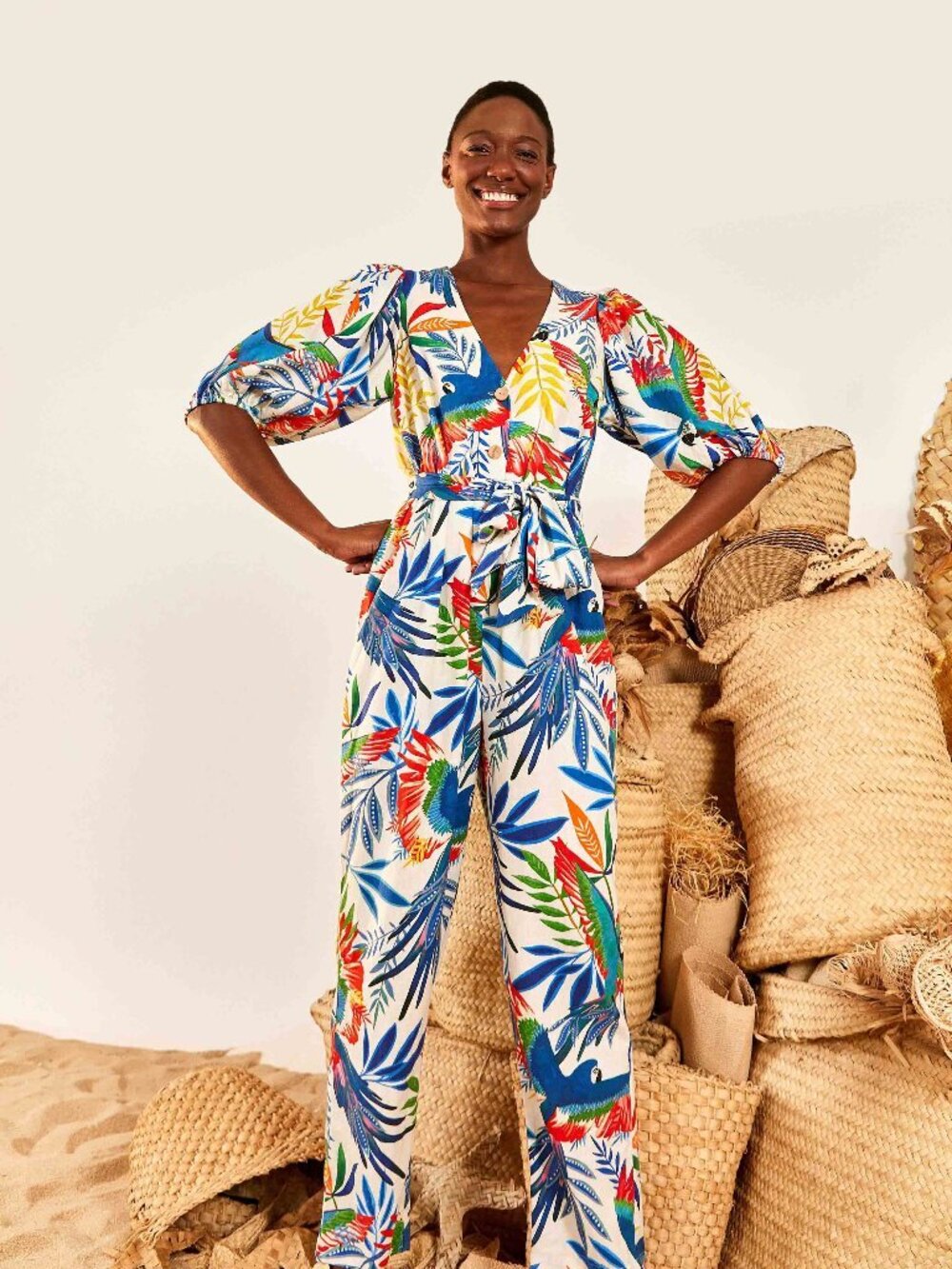 FARM Rio White Tropical Macaw Print V-Neck Linen Jumpsuit